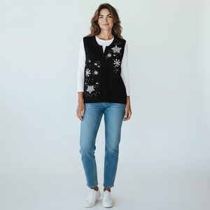 Baxter & Wells Womens Sweater Vest XL Black Snowflake Holiday Cotton Flax Blend‎